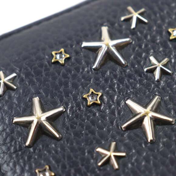 JIMMY CHOO Calfskin Leather Round Zip Wallet with Crystal Star Studs, Navy Bl... - Picture 9 of 11